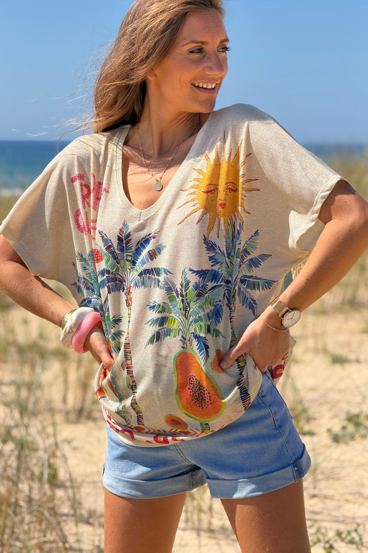 Beige Tropical Abstract Glitter Knit Tunic

