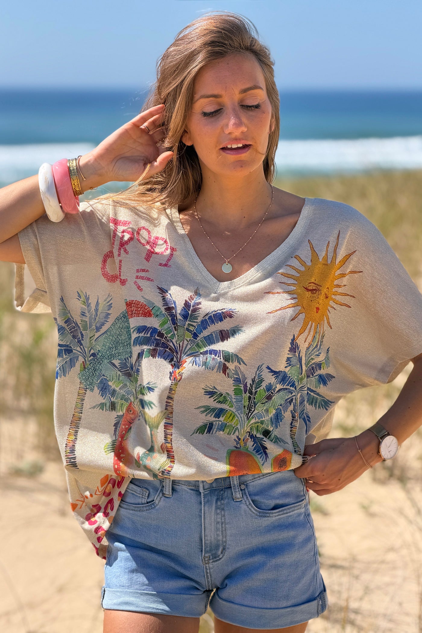 Beige Tropical Abstract Glitter Knit Tunic
