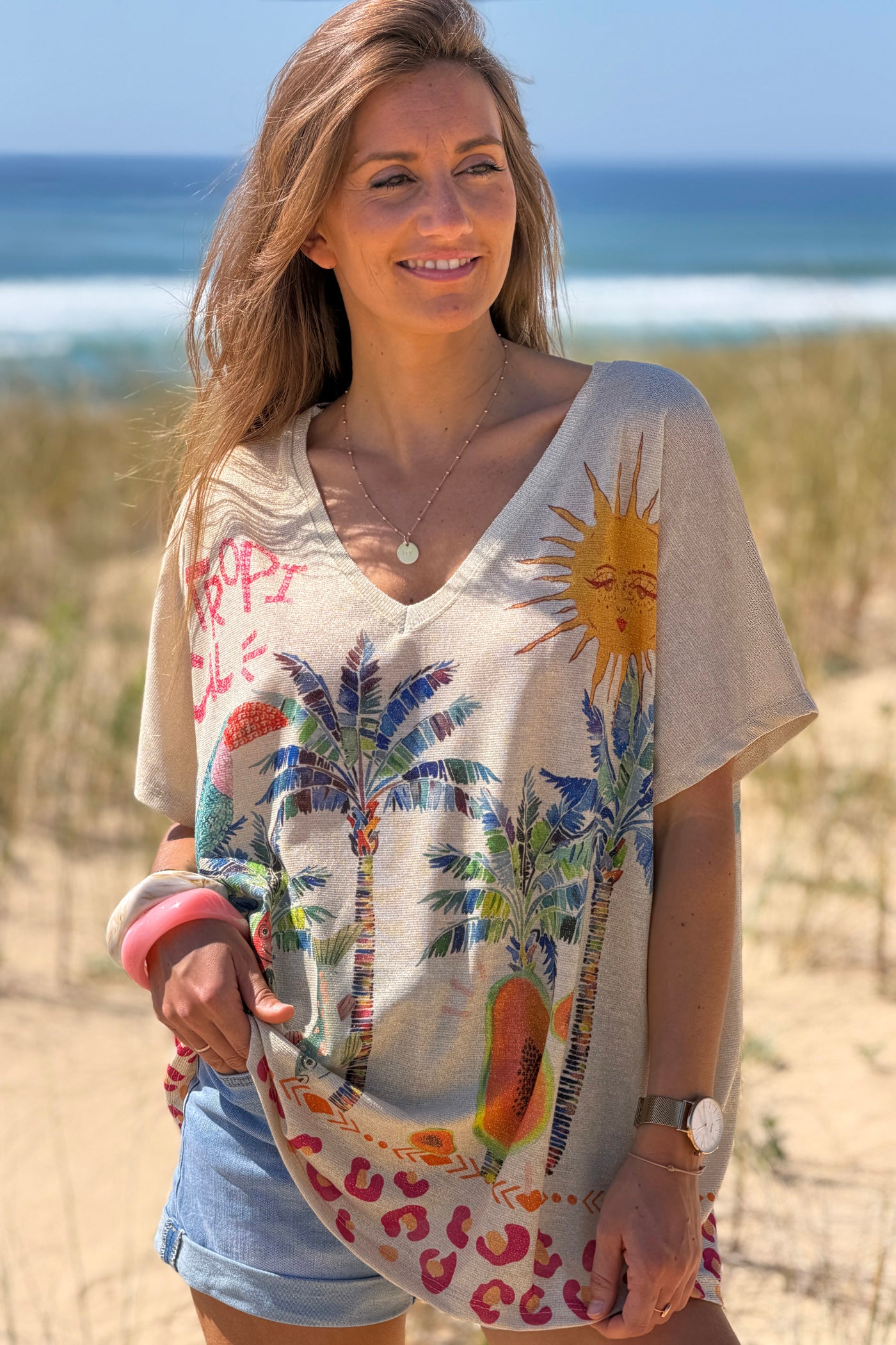 Beige Tropical Abstract Glitter Knit Tunic
