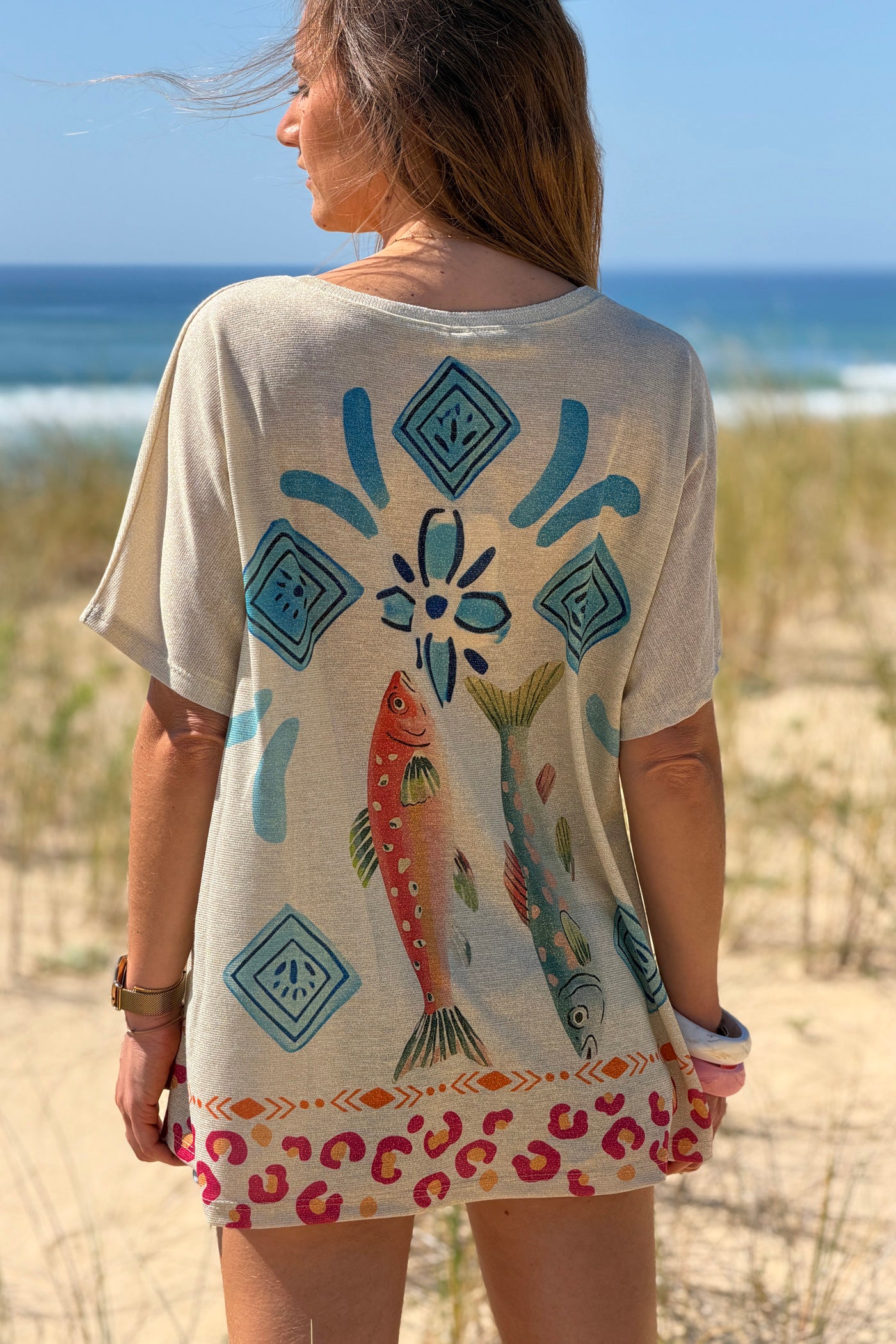 Beige Tropical Abstract Glitter Knit Tunic
