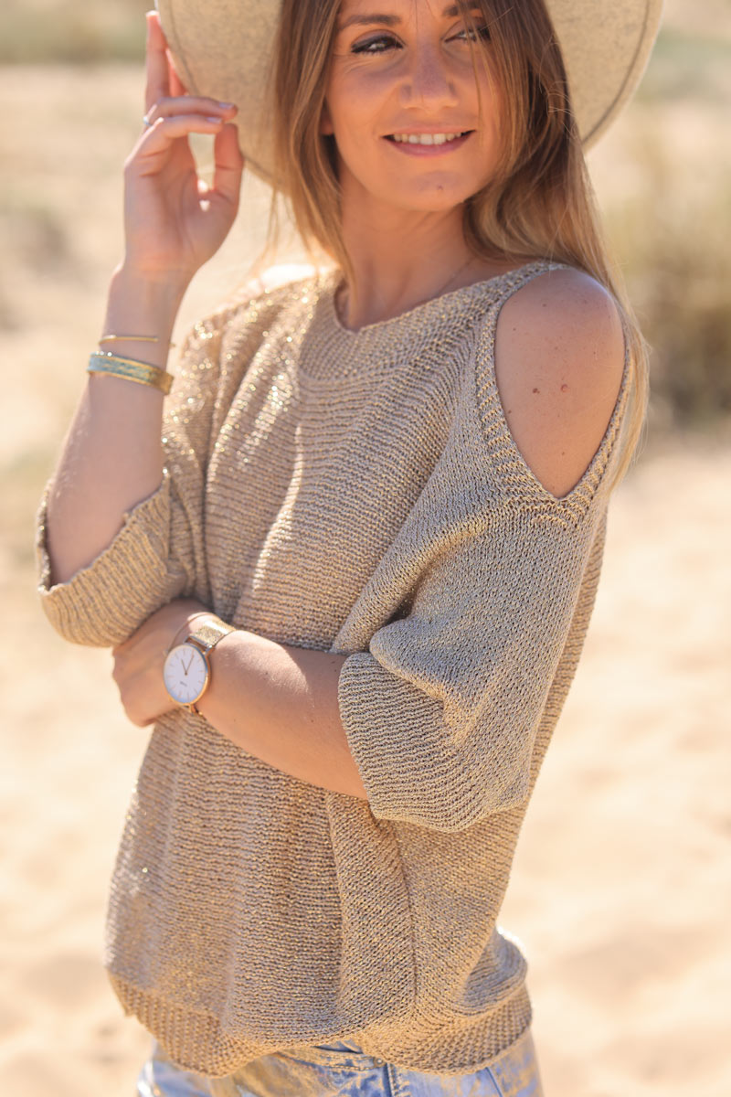 Camel knit lurex gold off-shoulder top