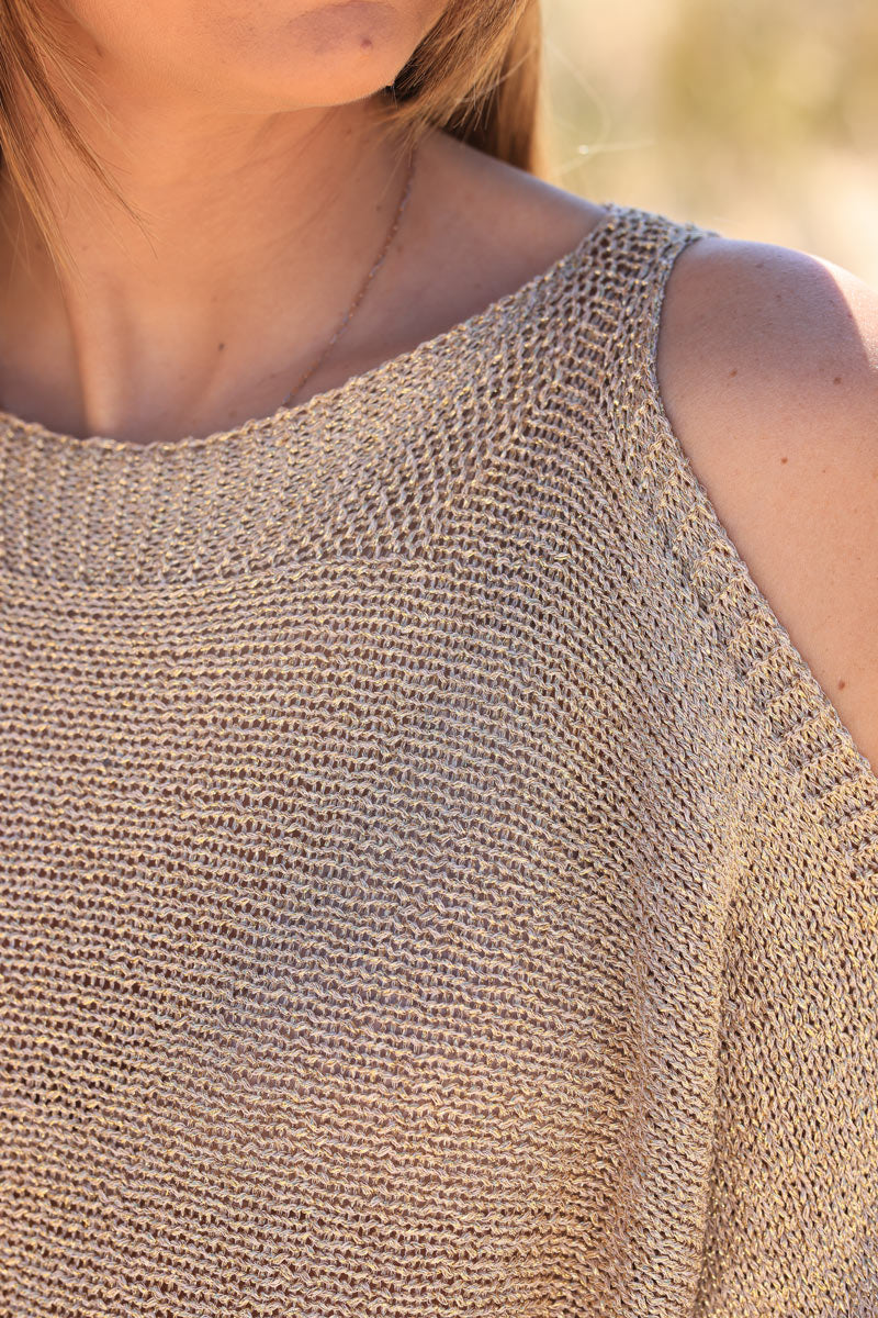 Camel knit lurex gold off-shoulder top