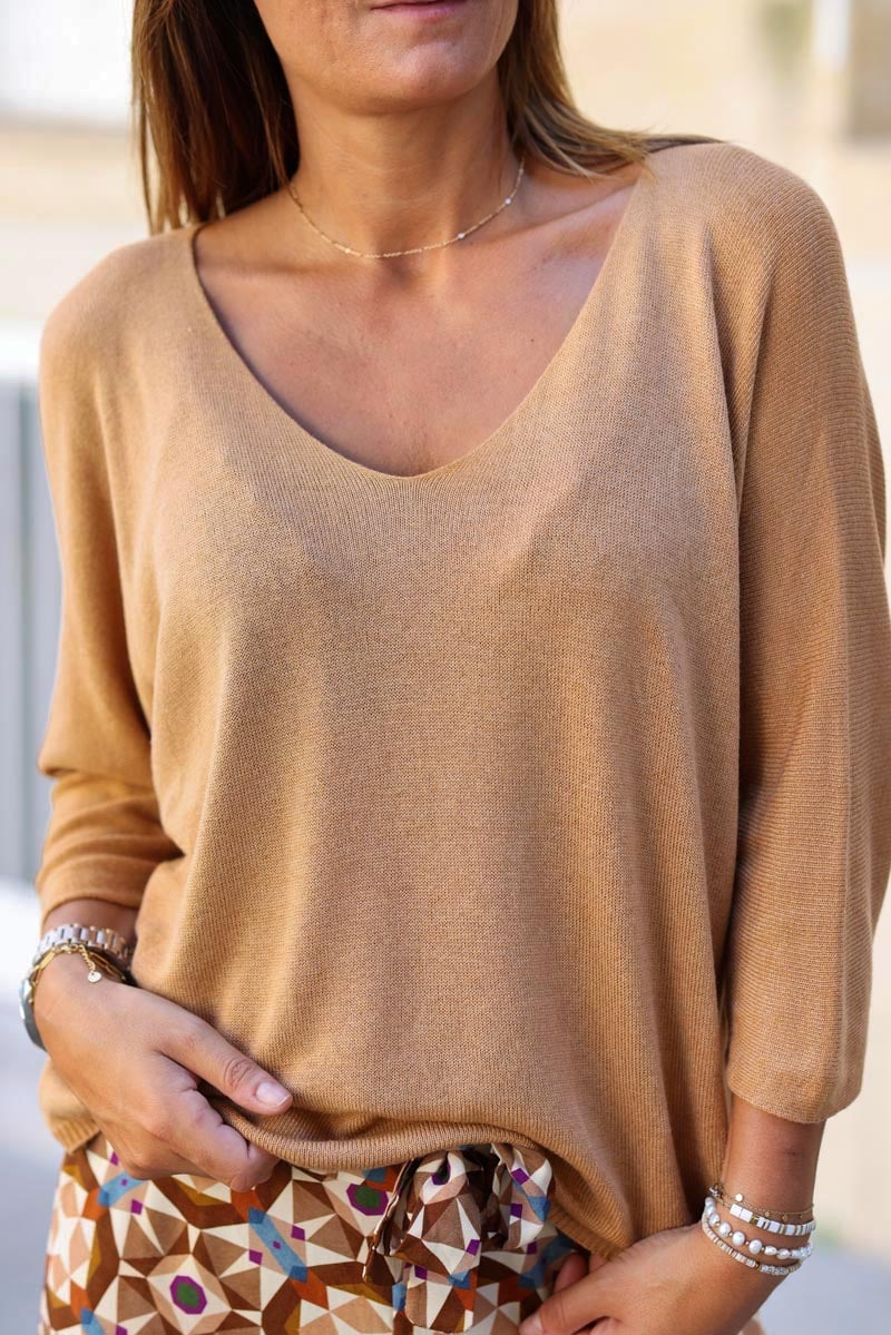 Top camel jersey manches chauve souris pull fin ample pour femme E161