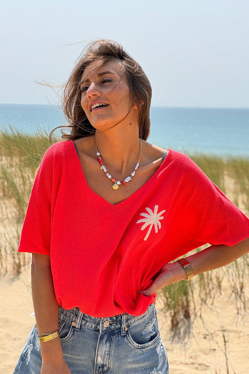 Top corail en petite maille manches courtes palmier écru