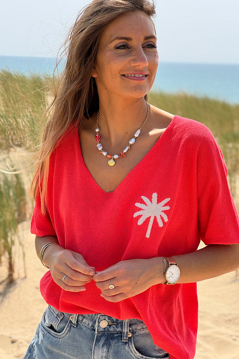 Top corail en petite maille manches courtes palmier écru
