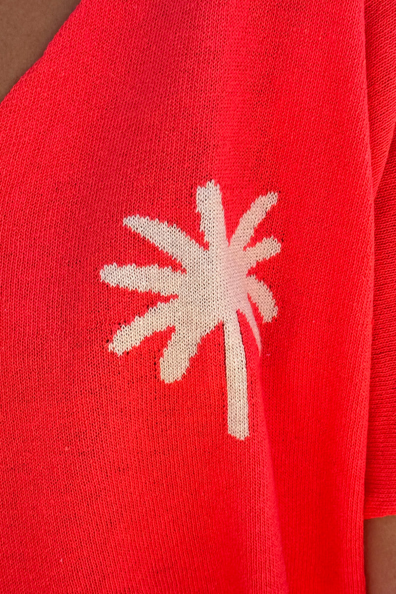 Top corail en petite maille manches courtes palmier écru
