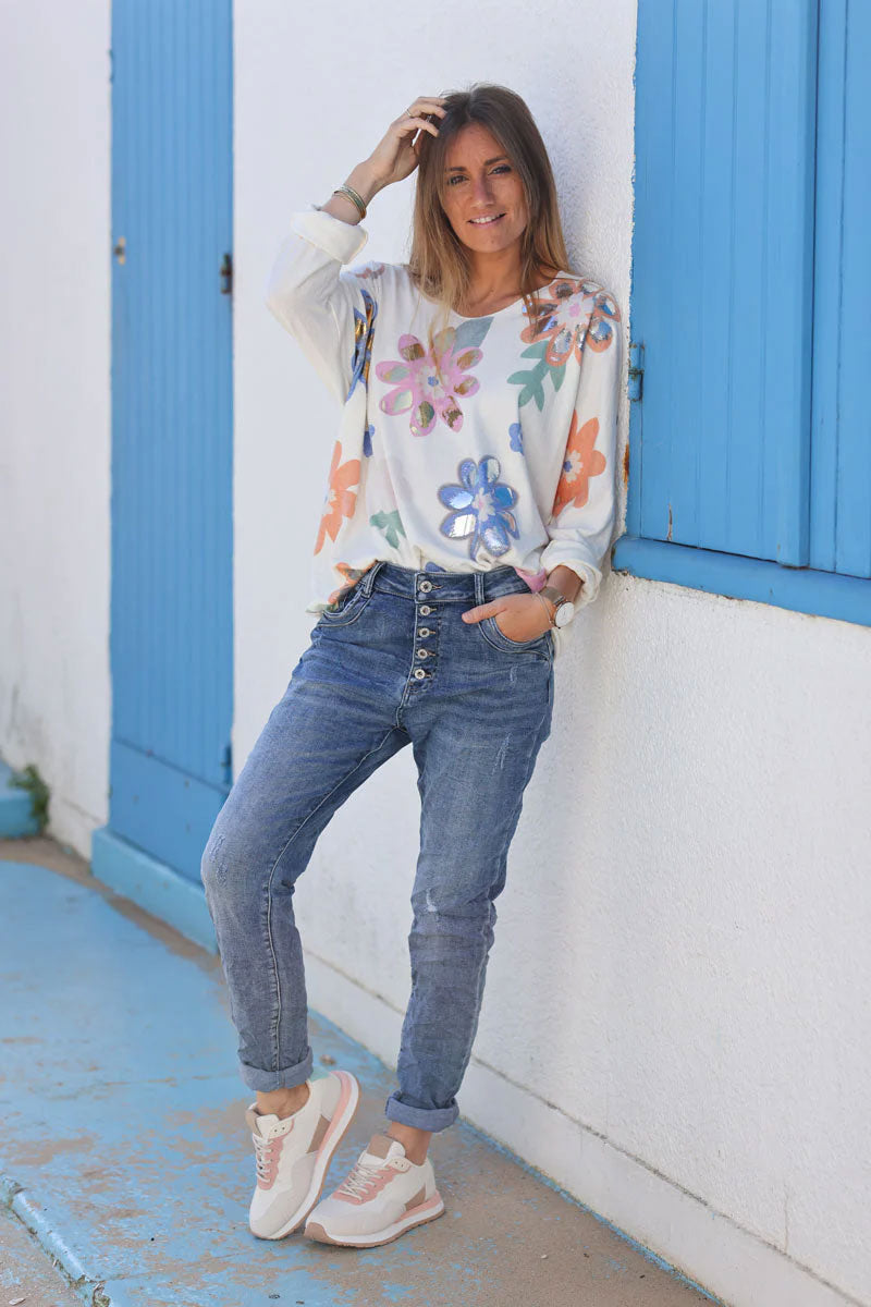 Top écru en jersey fleurs colorées et brillant tons bleus et oranges