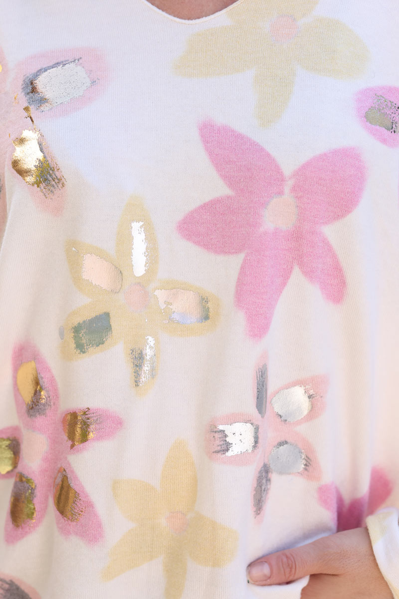 Ecru jersey jumper with daisy print in yellow pink pastel tones