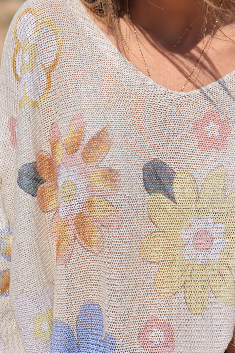Metallic Ecru and pastel knit floral batwing top