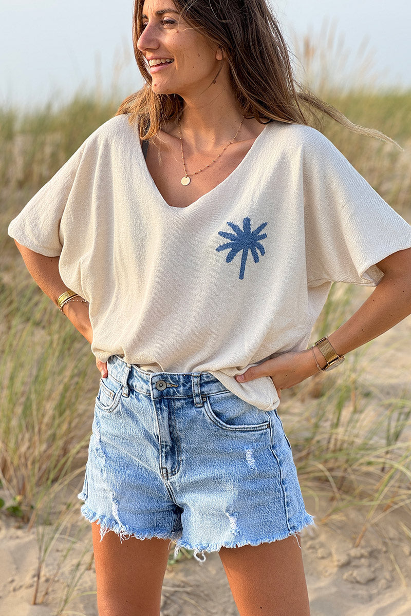 Navy Blue Palm Intarsia Knit Top