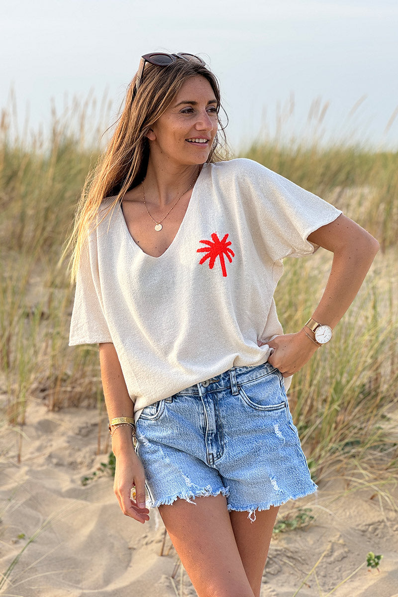Coral Palm Intarsia Knit Top
