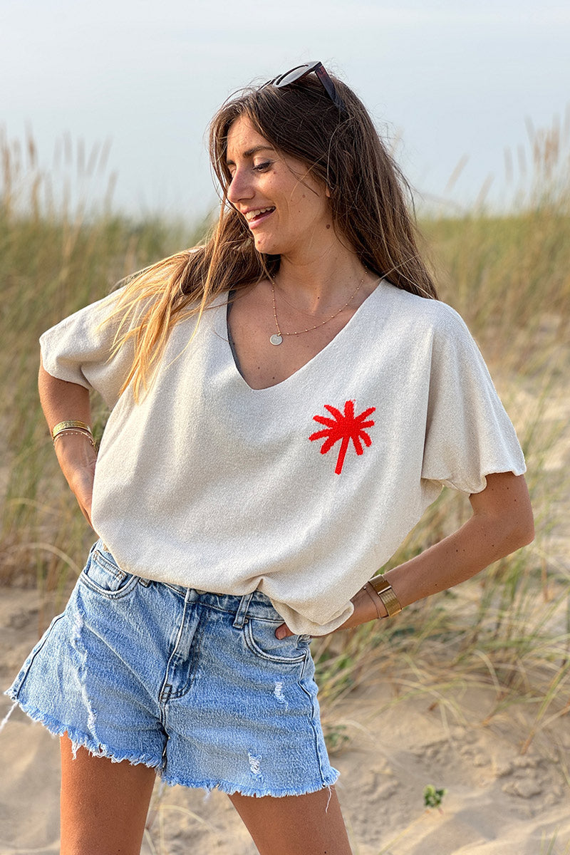 Coral Palm Intarsia Knit Top