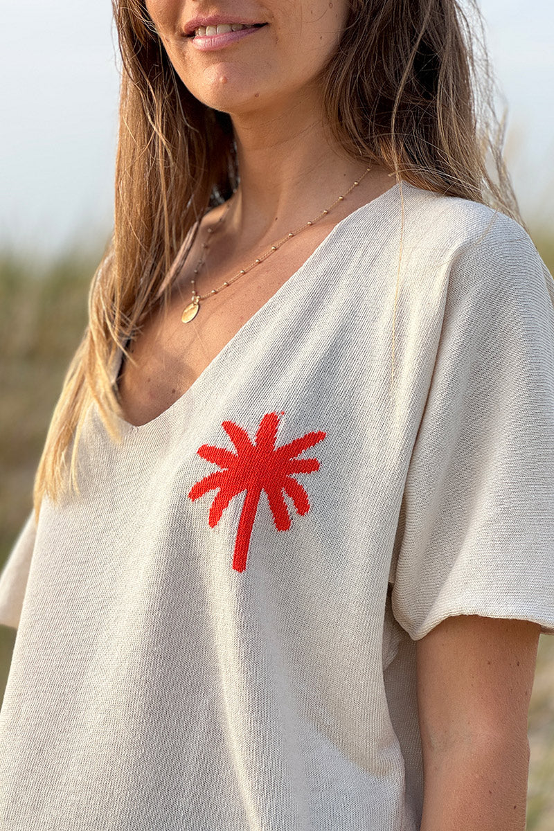 Coral Palm Intarsia Knit Top
