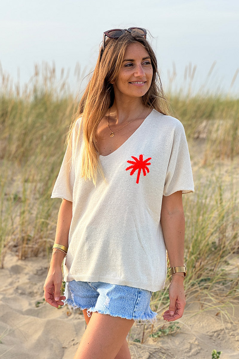 Coral Palm Intarsia Knit Top