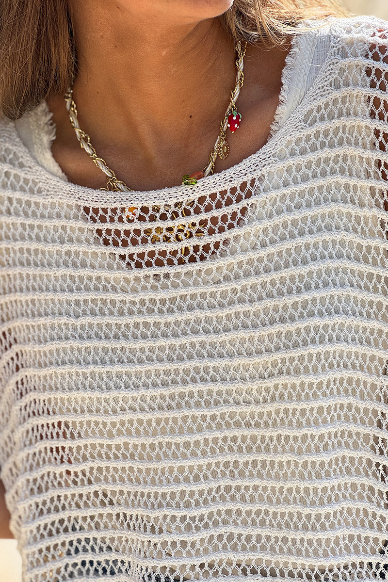 Top crudo con mangas murciélago y cuello redondo en punto calado efecto crochet