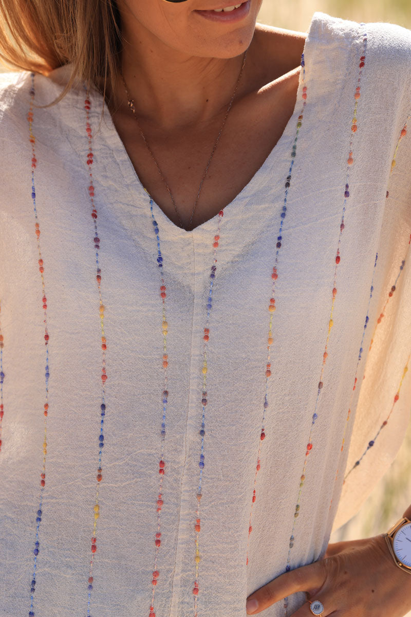 Ecru floaty cotton and linen top with colored threads