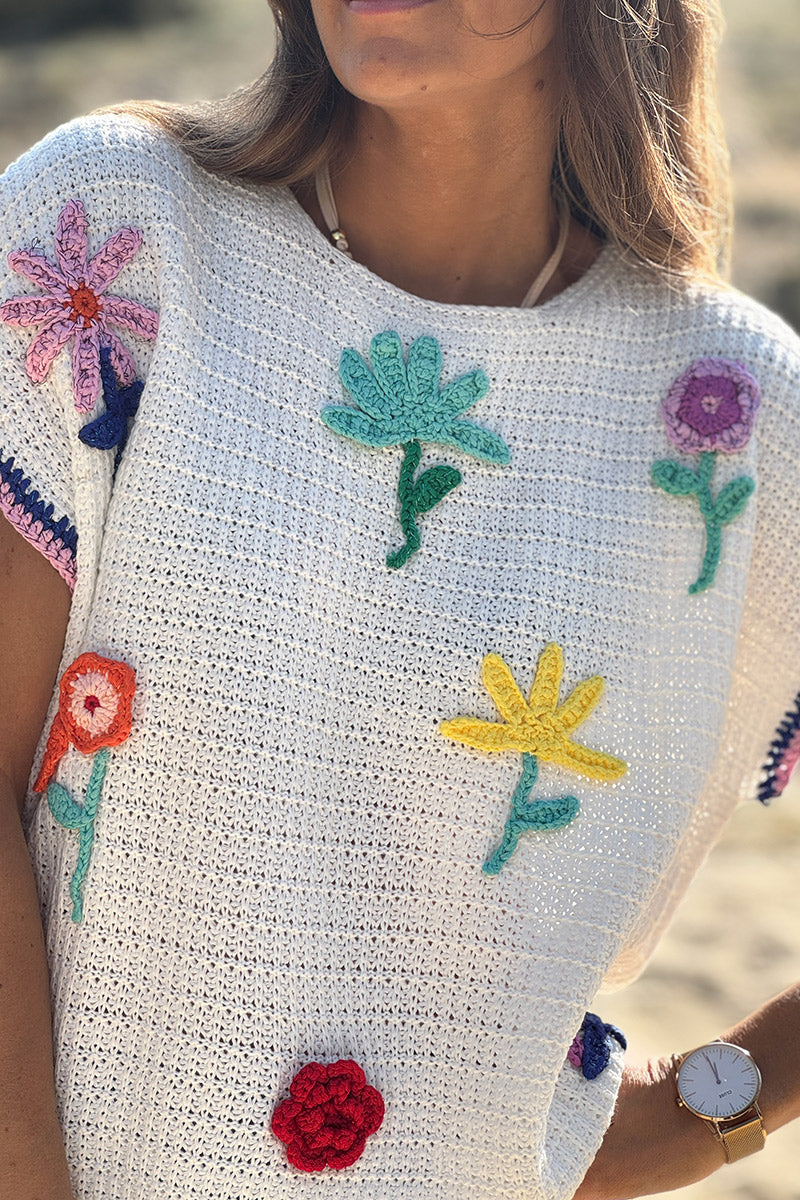 White Floral Crochet Knit Top
