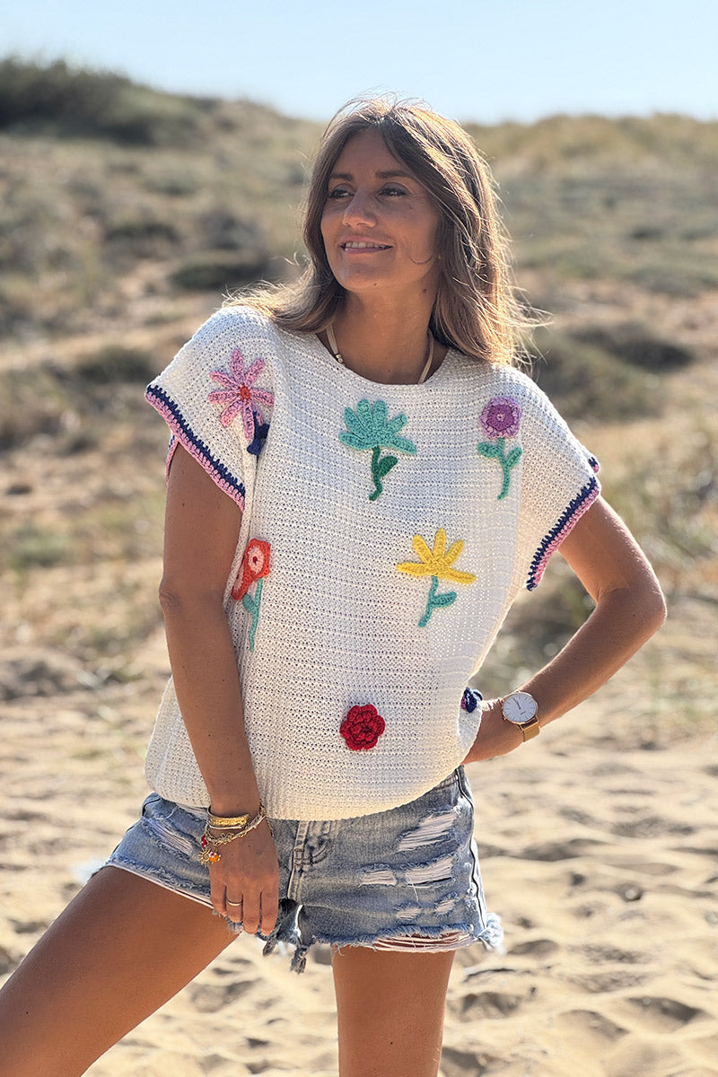 White Floral Crochet Knit Top
