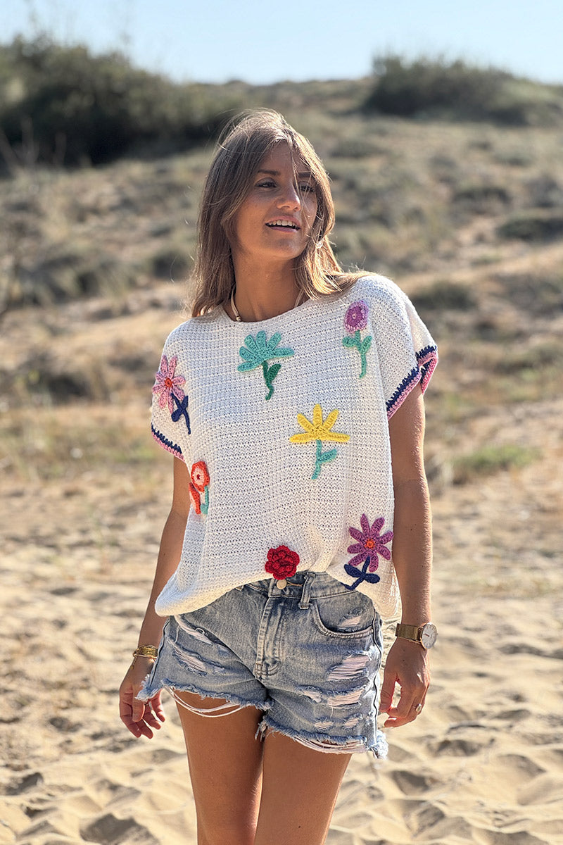 White Floral Crochet Knit Top
