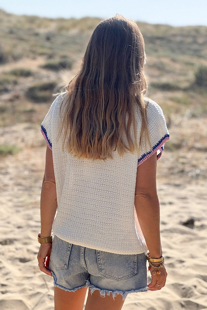 White Floral Crochet Knit Top
