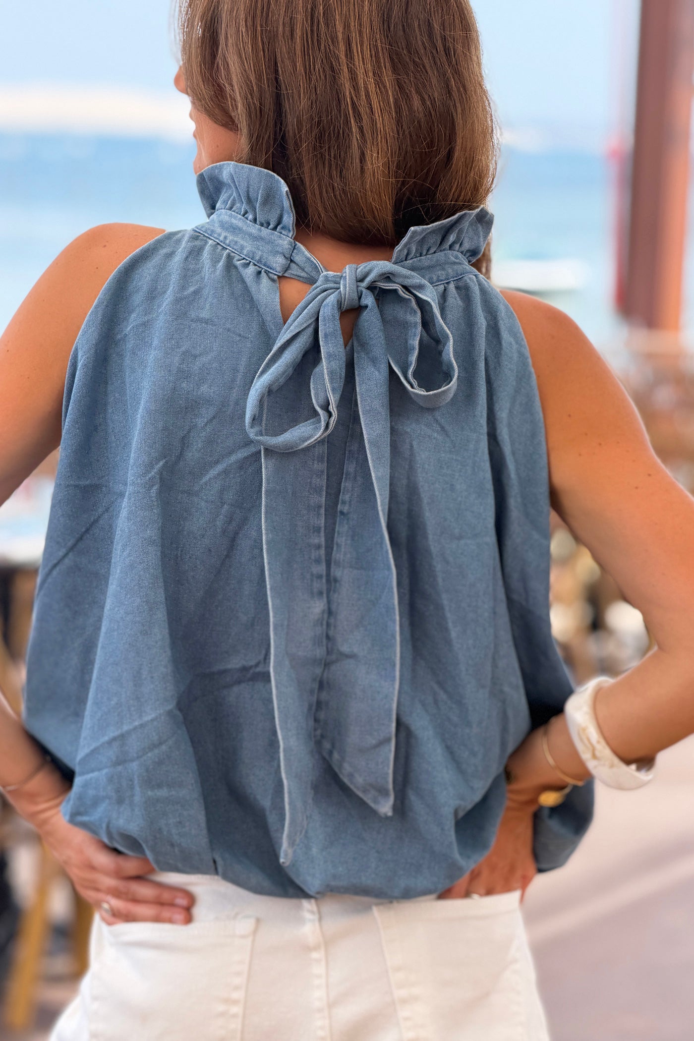 Blue jean Bubble Halter Blouse

