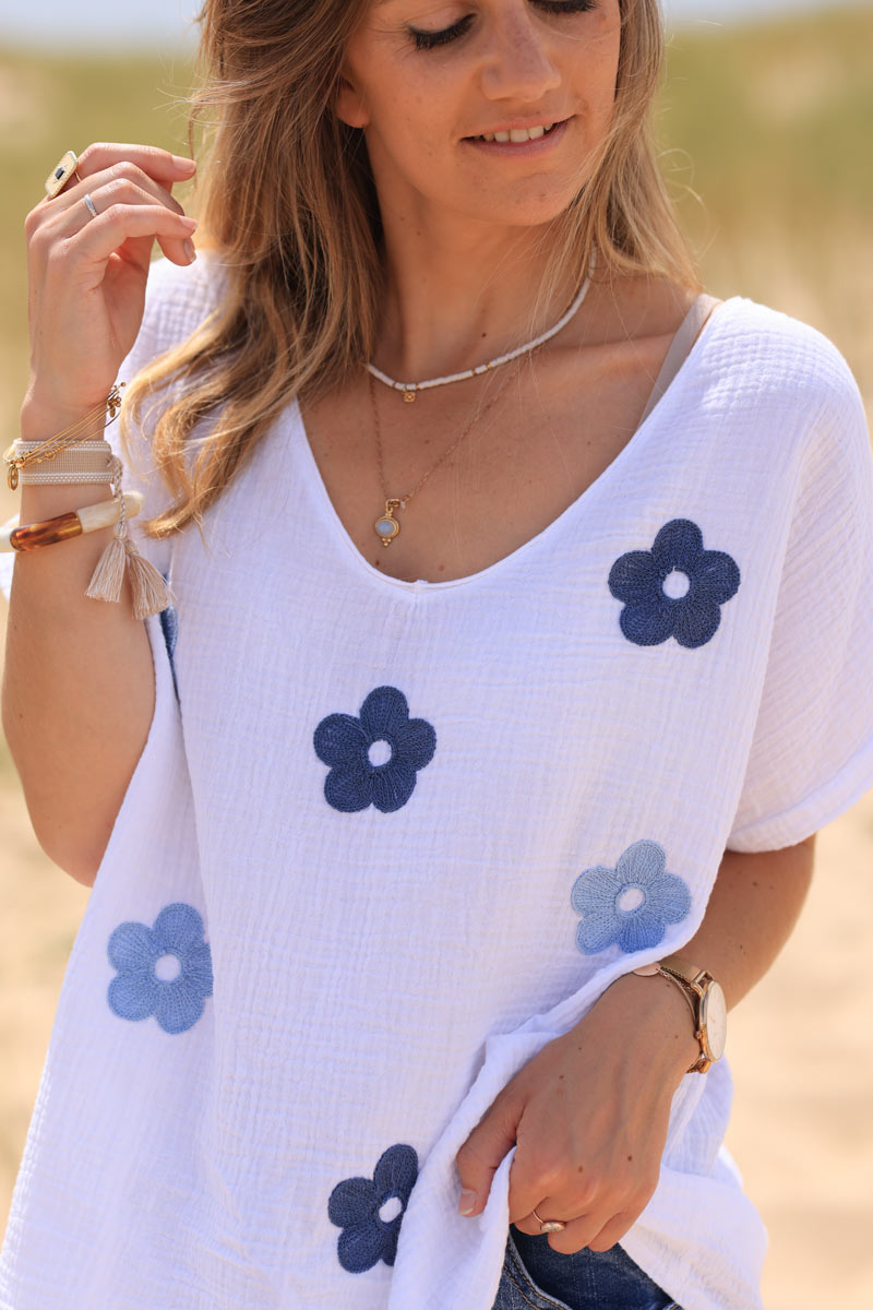 White crinkle cotton gauze top with blue flower embroidery