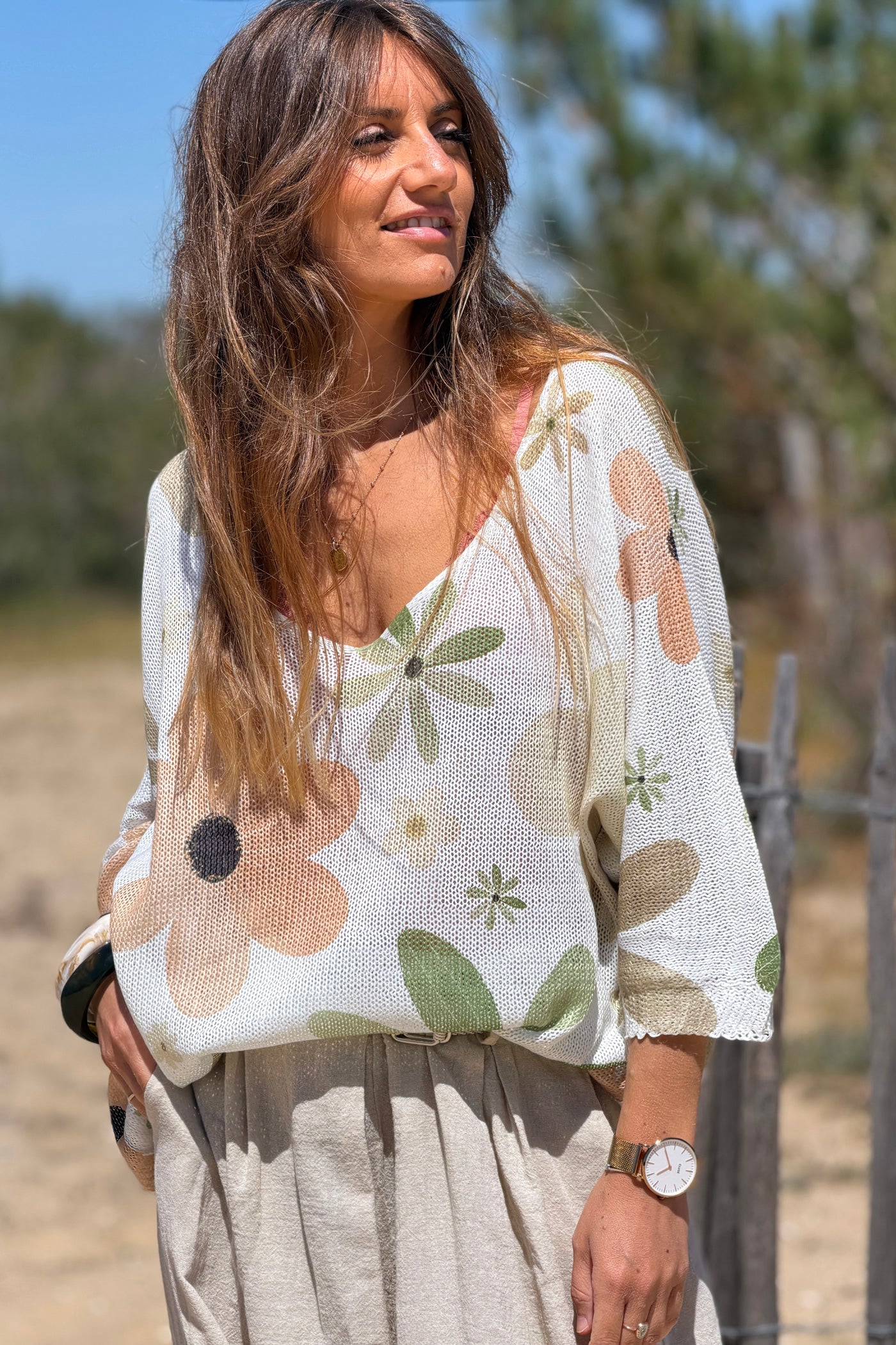 Top en maille coton manches chauve souris imprimé marguerite marron et kaki