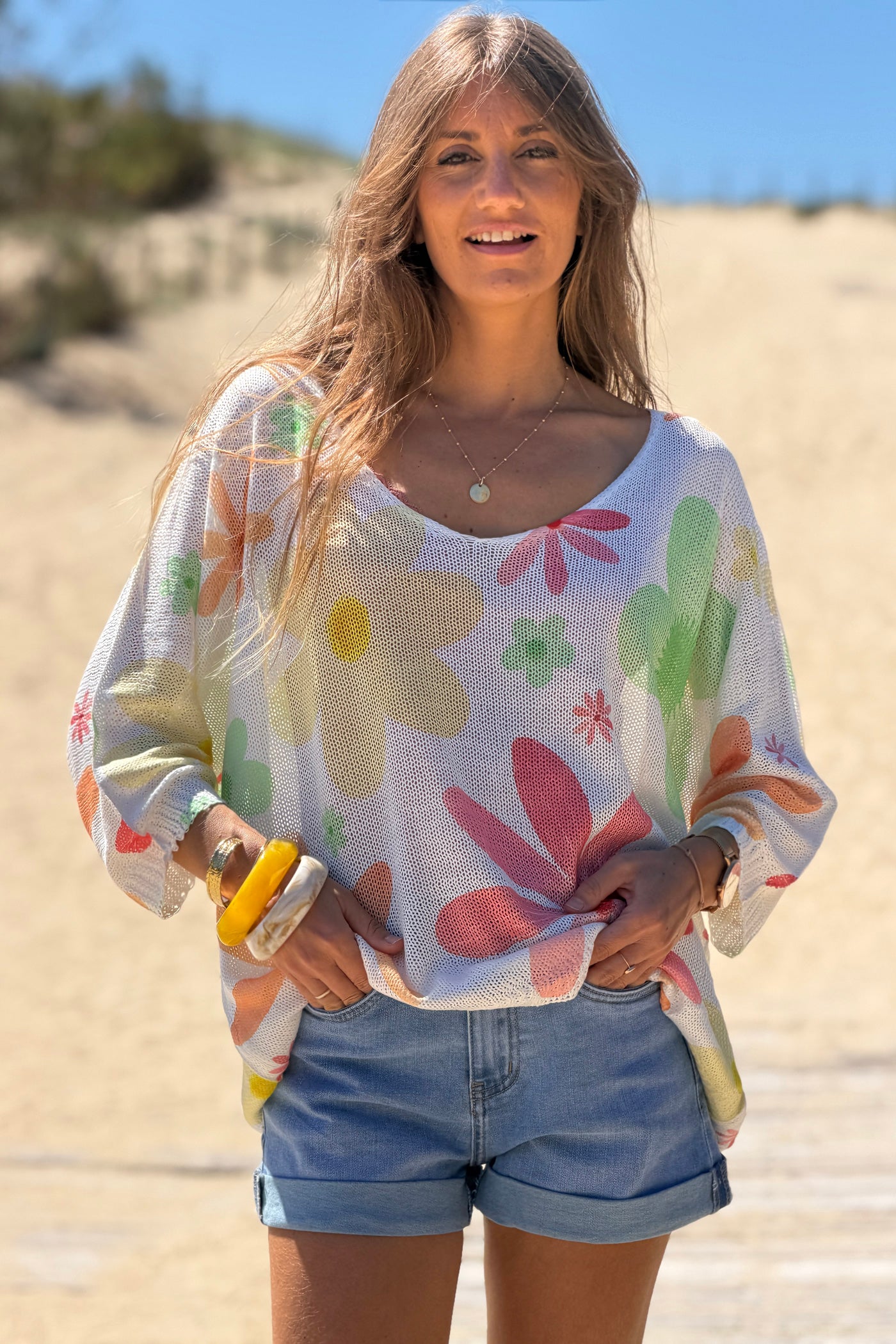 Top en maille coton manches chauve souris imprimé marguerite multicolore