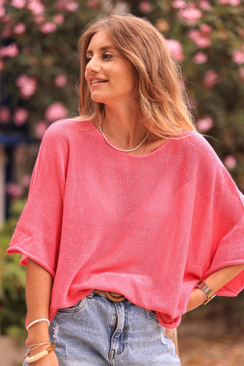 Top de punto de algodón fucsia con cuello redondo y manga murciélago