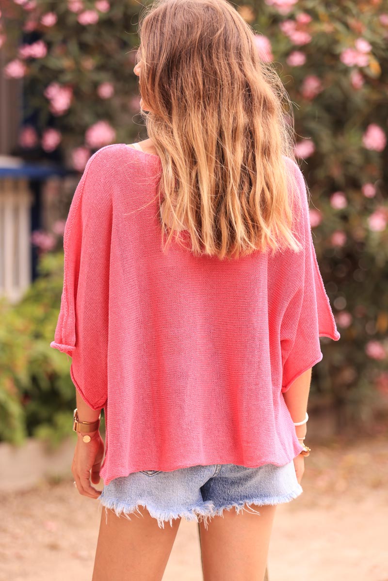 Fuchsia cotton knit top with batwing sleeves