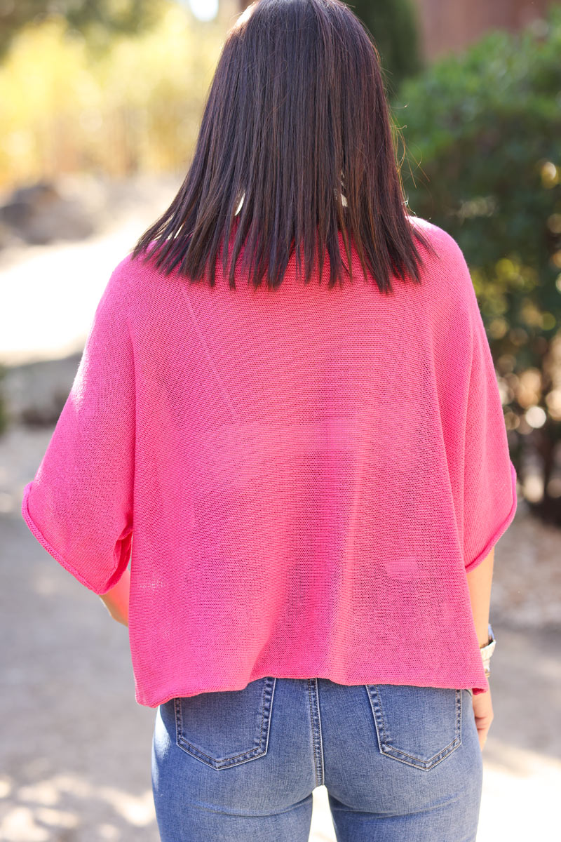 Fuchsia cotton knit top with batwing sleeves