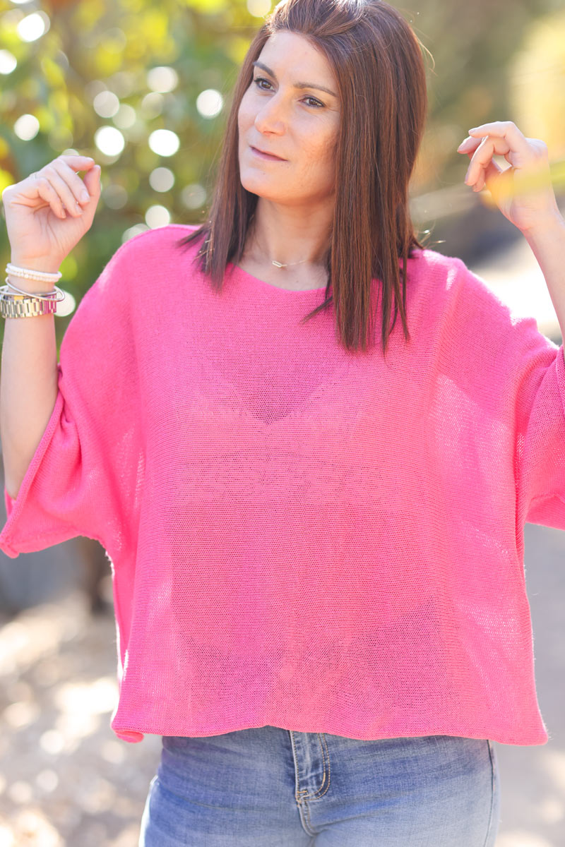 Fuchsia cotton knit top with batwing sleeves