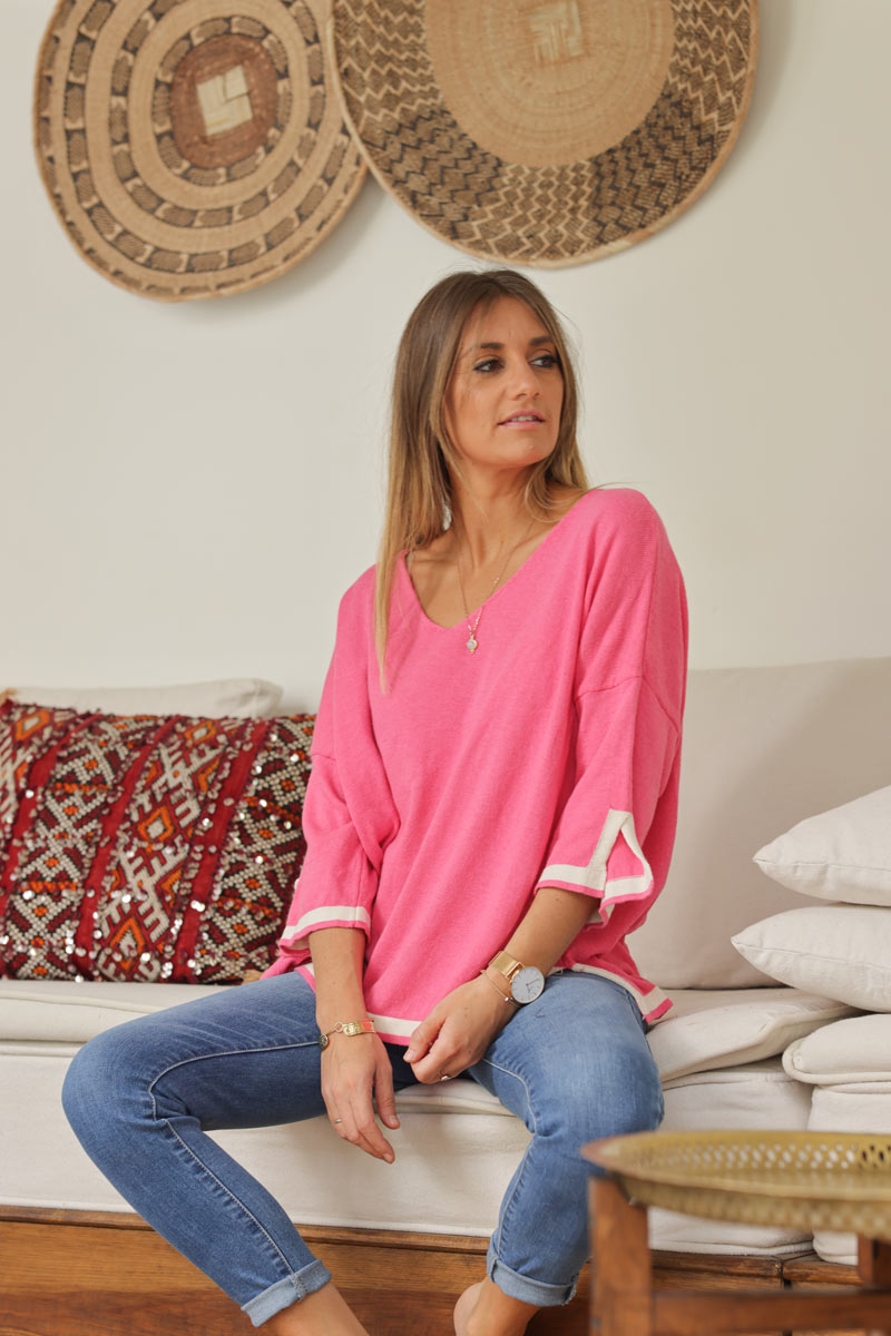 Fuchsia and ecru fine knit cotton top with 3/4 sleeves
