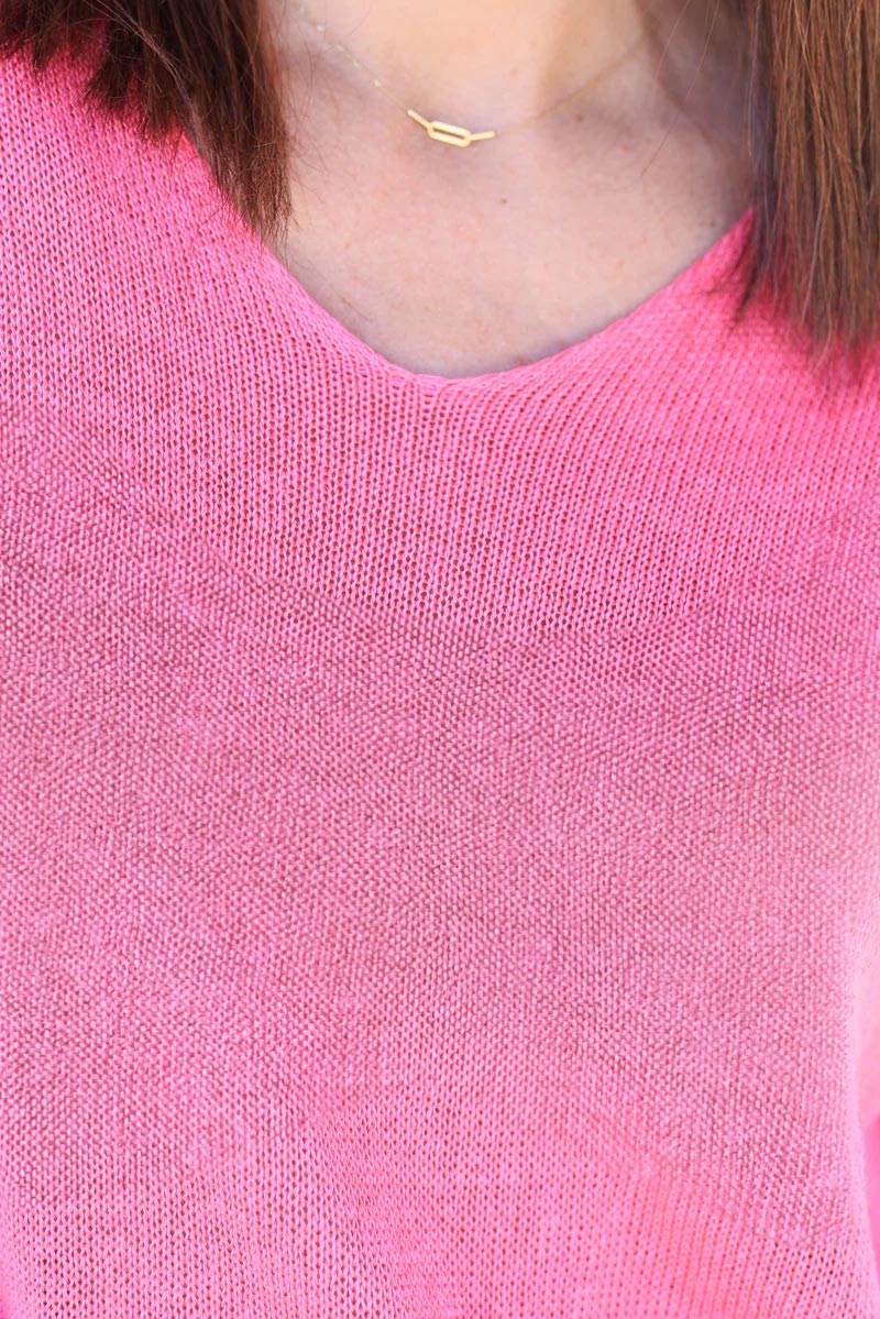 Fuchsia cotton knit short sleeve top v-neck