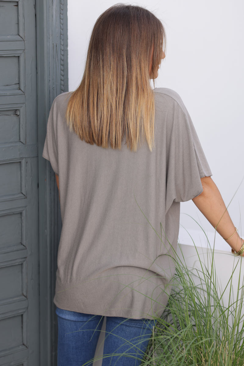 Relaxed fit grey taupe v-neck top
