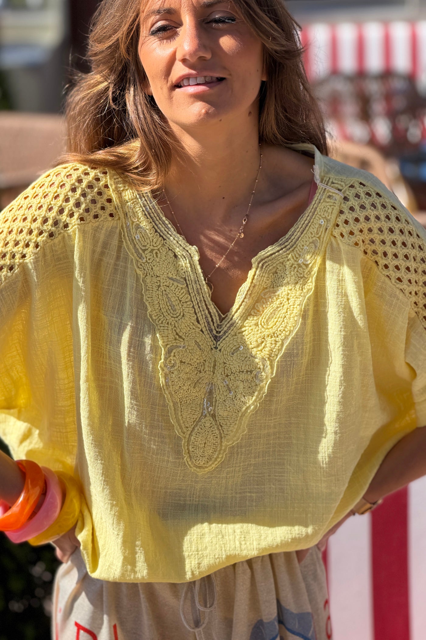 Lemon Crochet Sleeve Linen Tunic