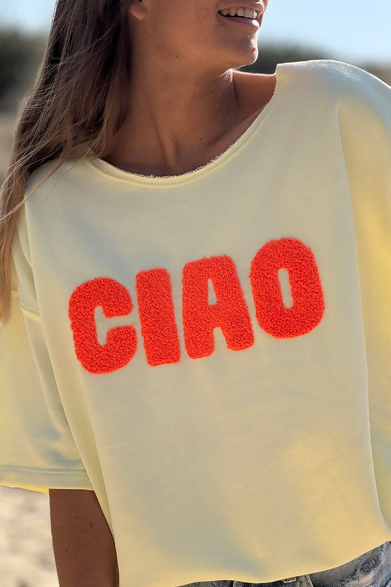 Top jaune pâle en coton manches courtes broderie éponge CIAO orange