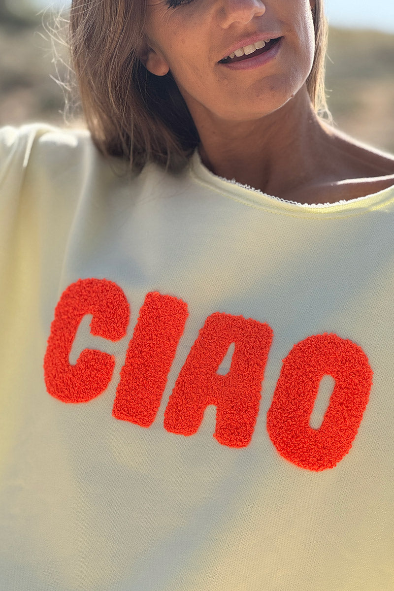 Top jaune pâle en coton manches courtes broderie éponge CIAO orange