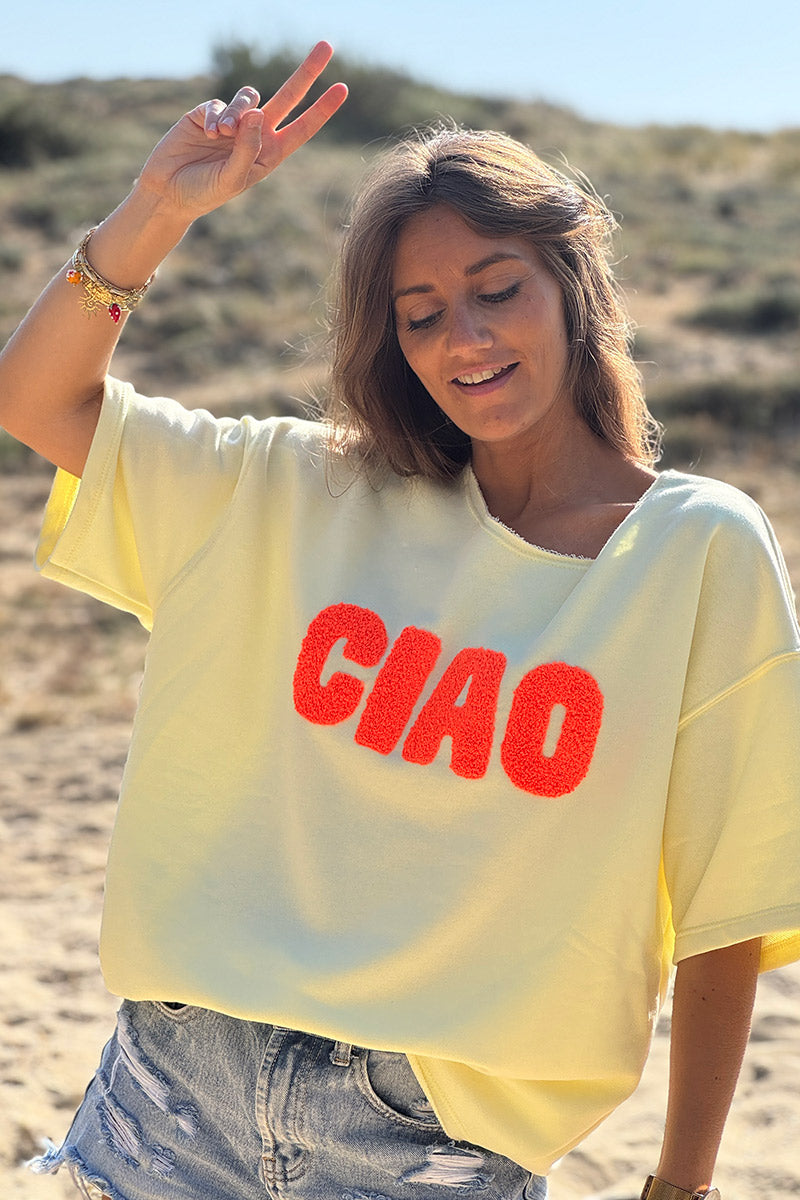 Top jaune pâle en coton manches courtes broderie éponge CIAO orange
