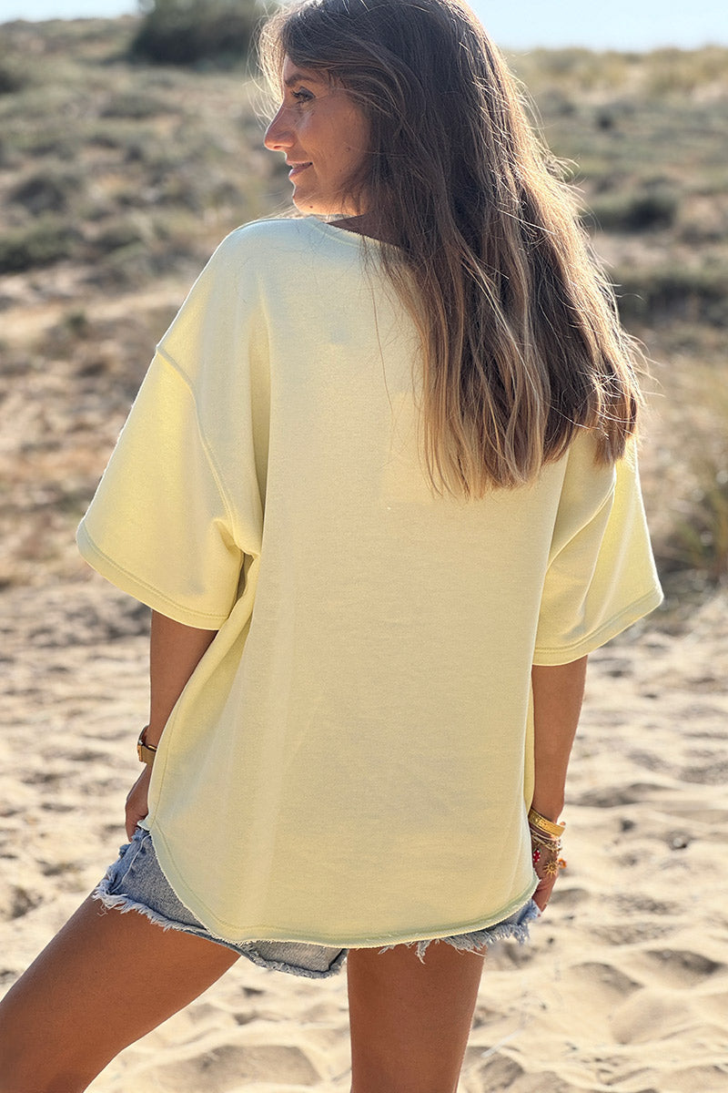 Top jaune pâle en coton manches courtes broderie éponge CIAO orange