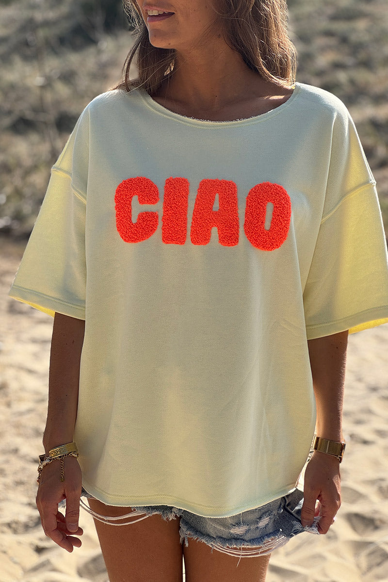 Top jaune pâle en coton manches courtes broderie éponge CIAO orange