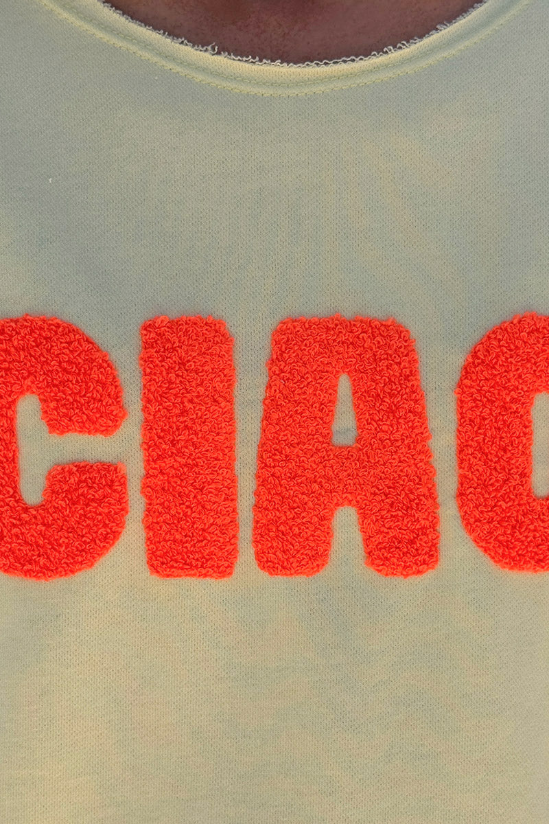 Top jaune pâle en coton manches courtes broderie éponge CIAO orange
