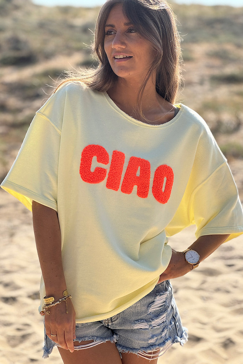 Top jaune pâle en coton manches courtes broderie éponge CIAO orange