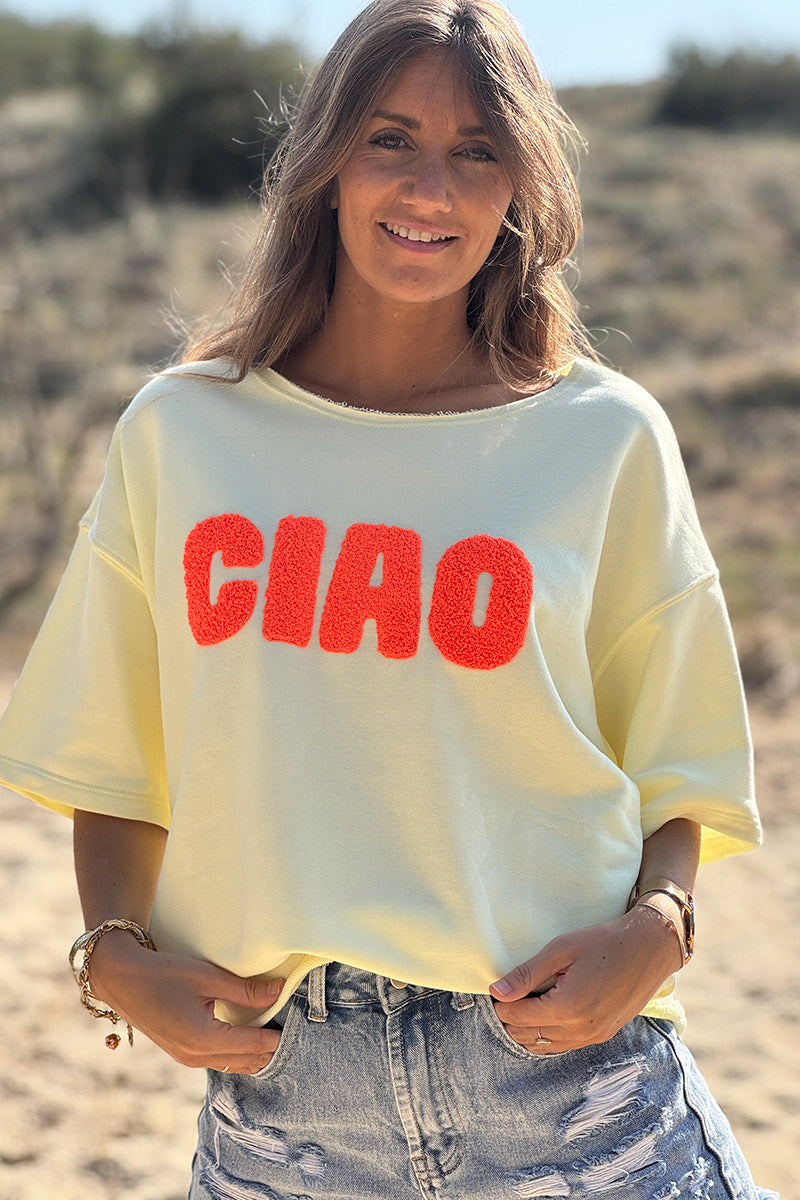 Top jaune pâle en coton manches courtes broderie éponge CIAO orange
