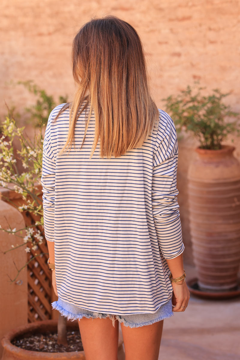 Dusty blue long sleeve striped jersey top with boheme in boucle