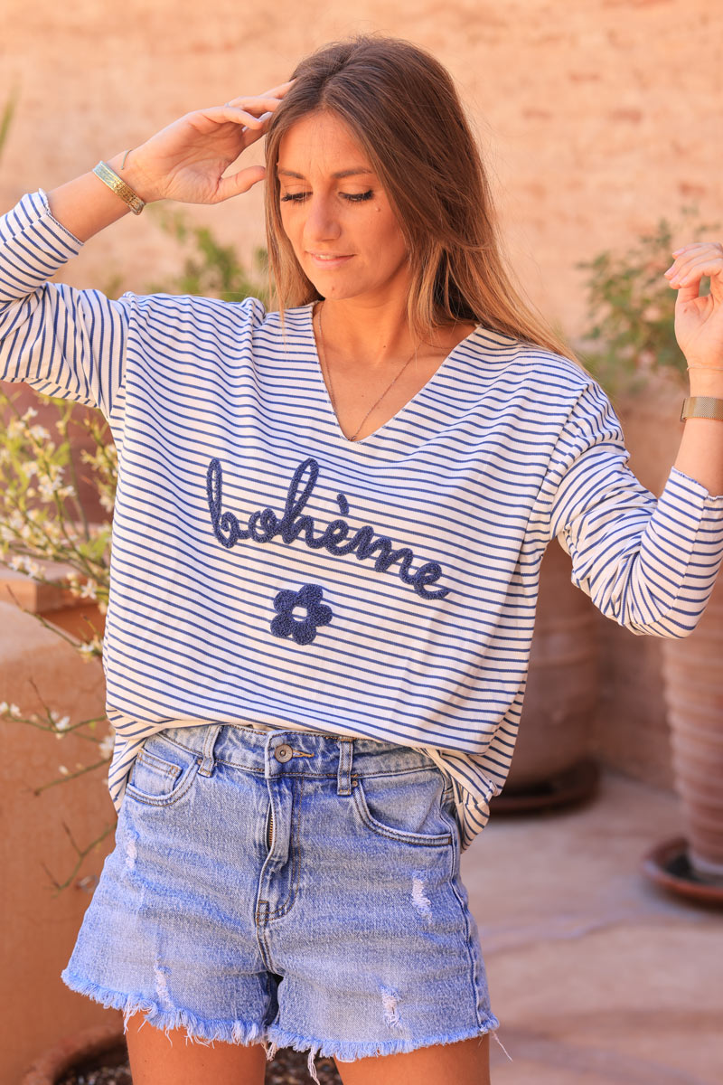 Dusty blue long sleeve striped jersey top with boheme in boucle