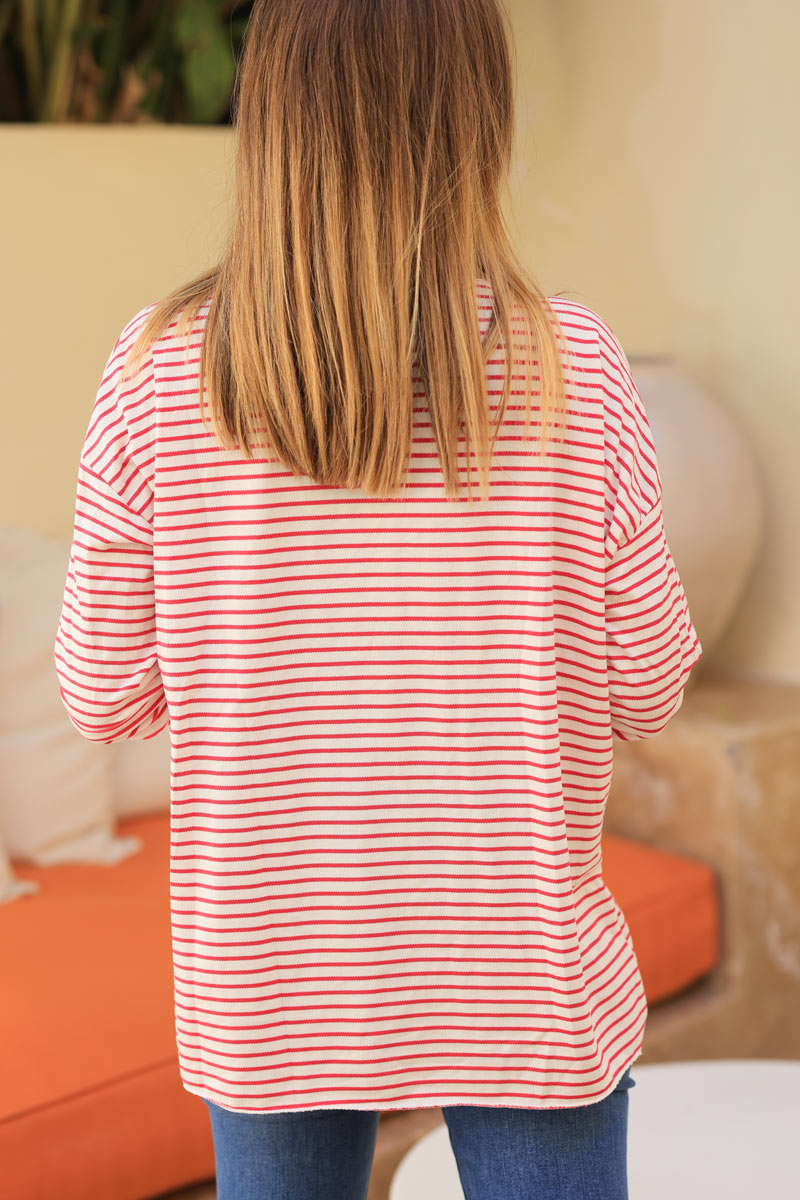Fuchsia long sleeve striped jersey top with boheme in boucle