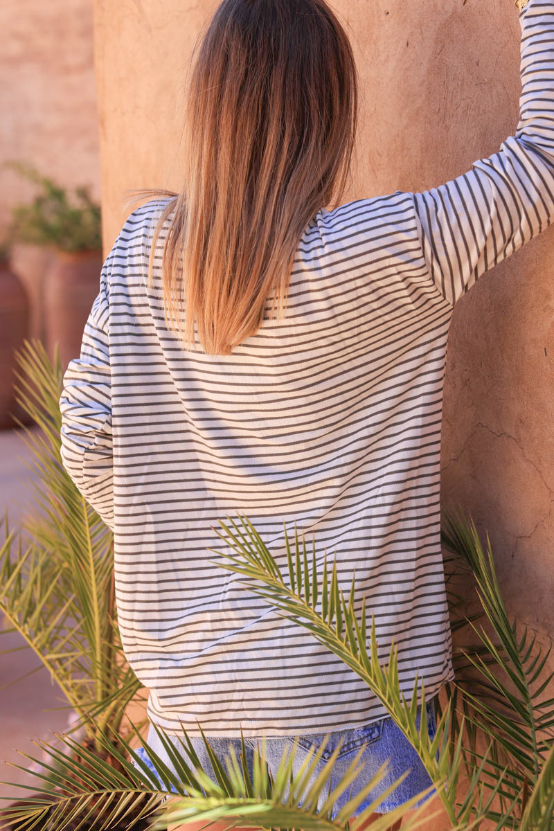Khaki long sleeve striped jersey top with boheme in boucle
