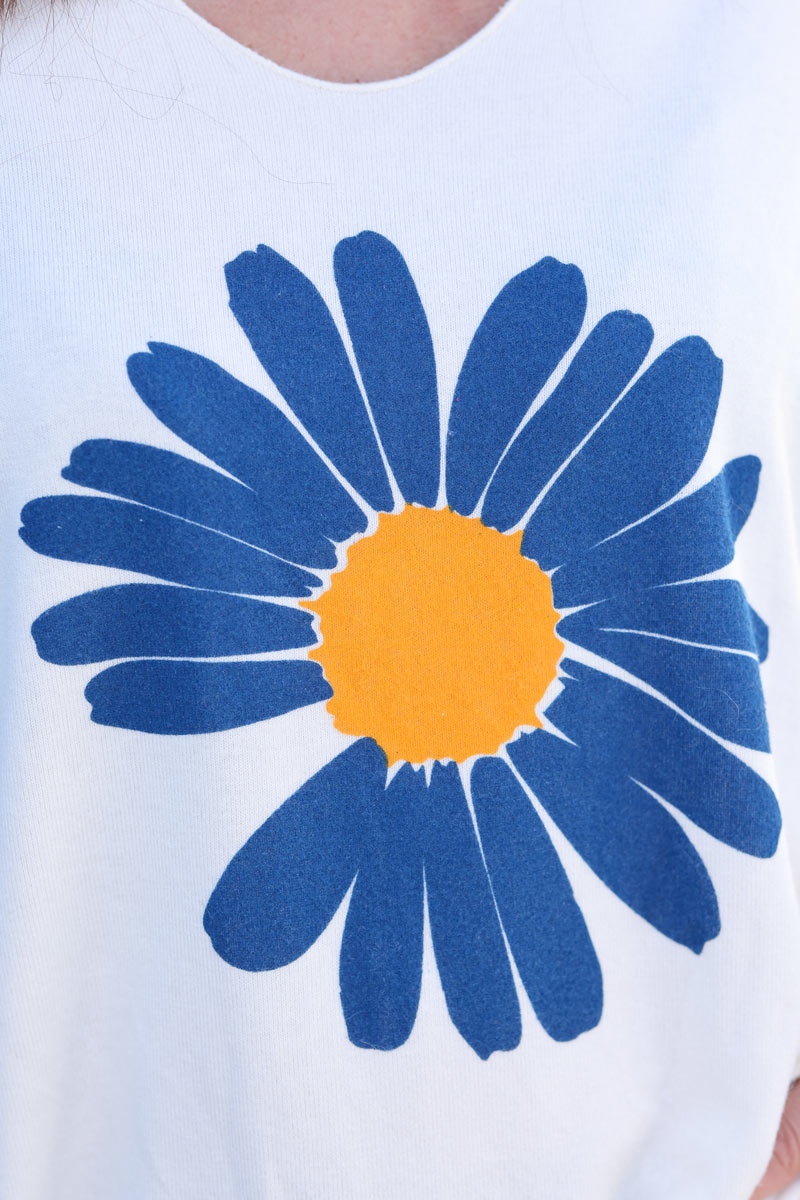 Ecru super soft jumper with large blue daisy print