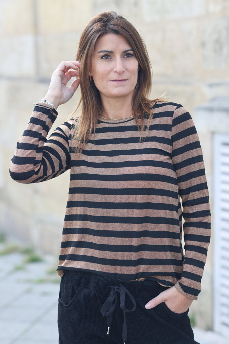 Camel and black top striped top